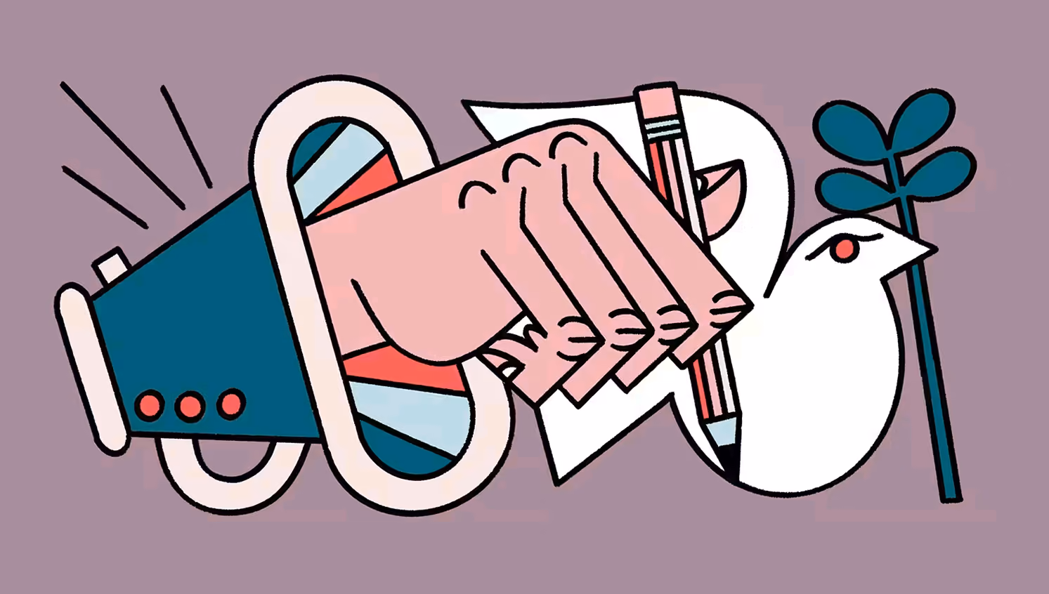 Stylized illustration of a hand extending from a megaphone drawing a white peace dove.