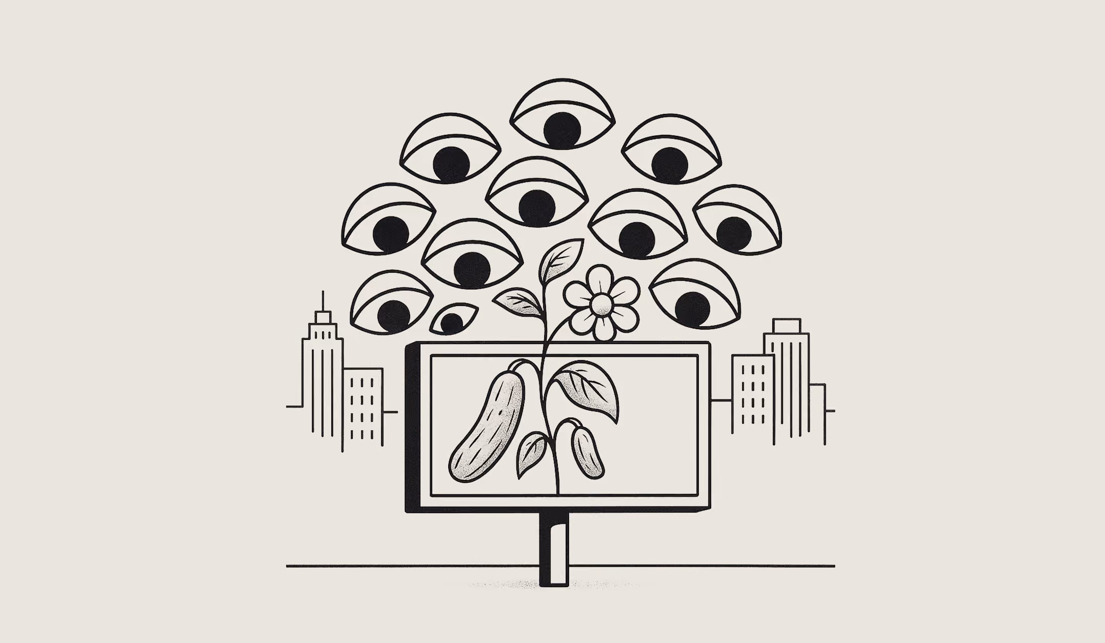 Black and white line illustration of a billboard with a growing plant under a cluster of watching eyes.