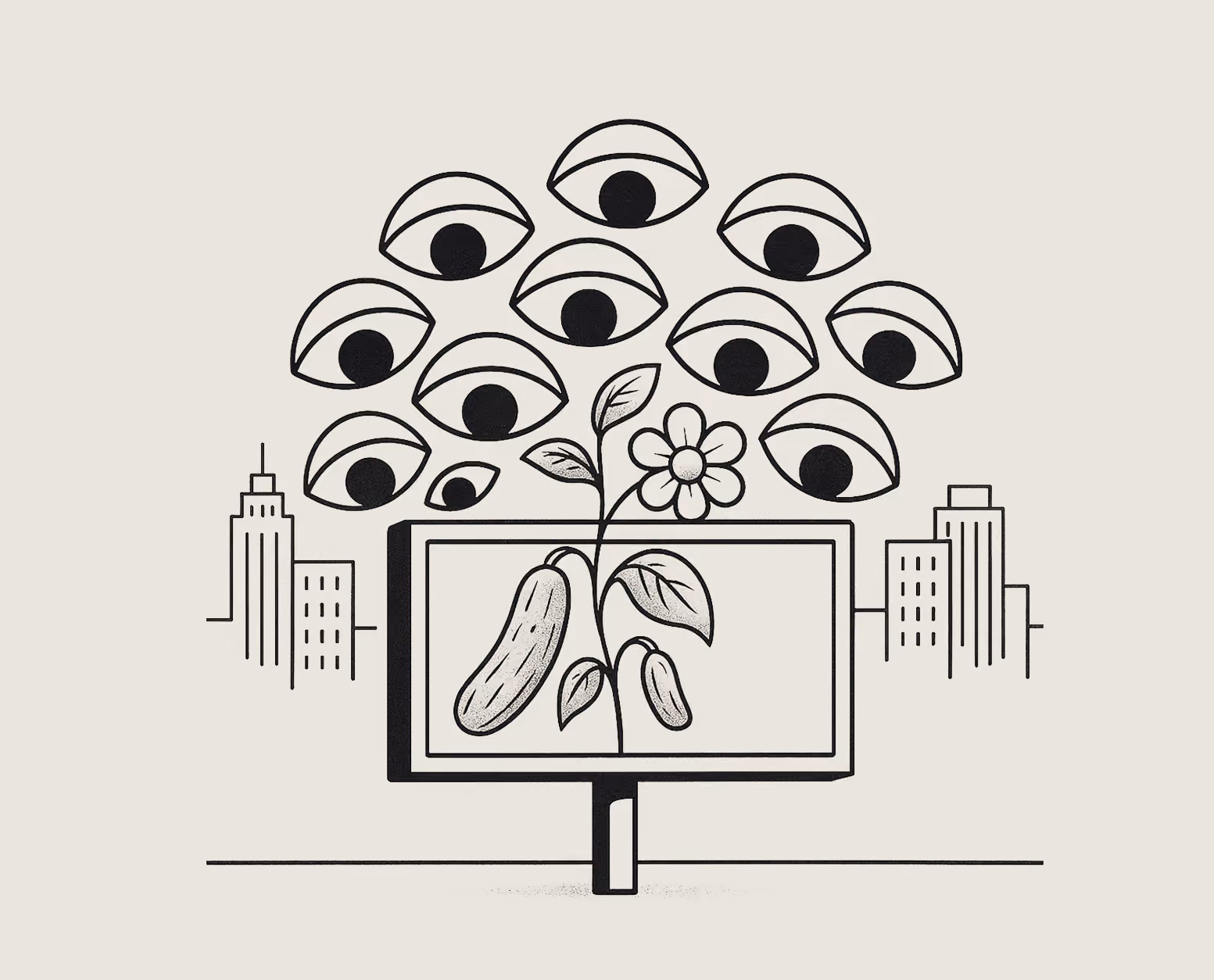 Black and white line illustration of a billboard with a growing plant under a cluster of watching eyes.