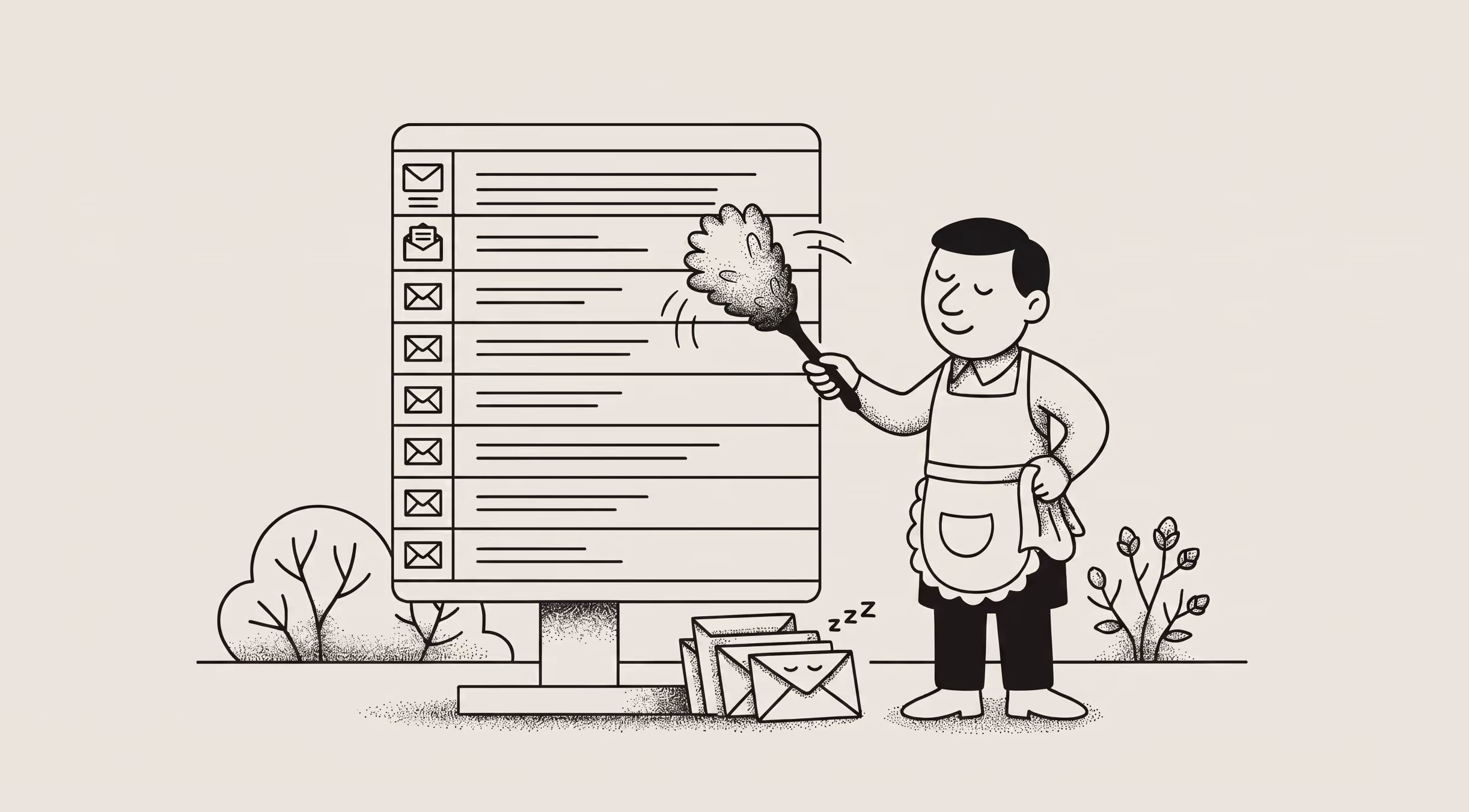 Illustration of a person dusting an email inbox on a large screen with a feather duster.