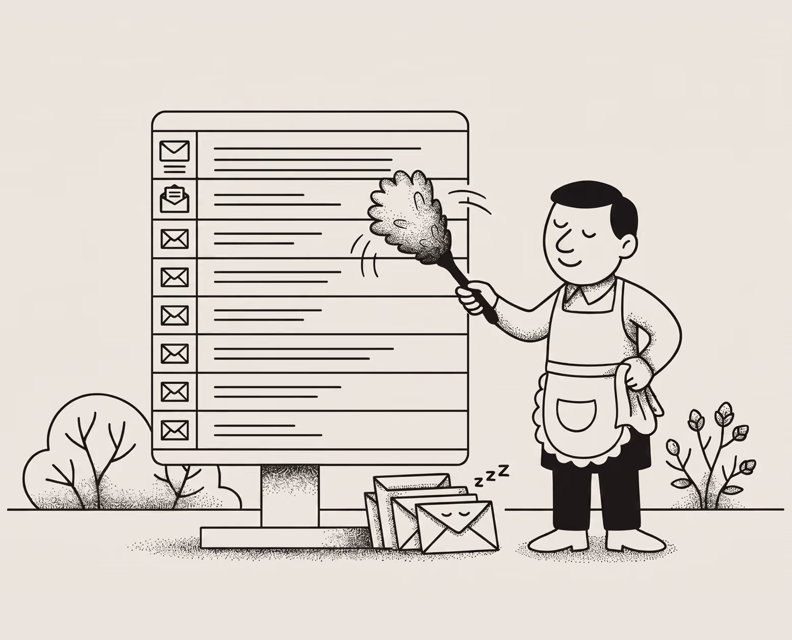 Illustration of a person dusting an email inbox on a large screen with a feather duster.