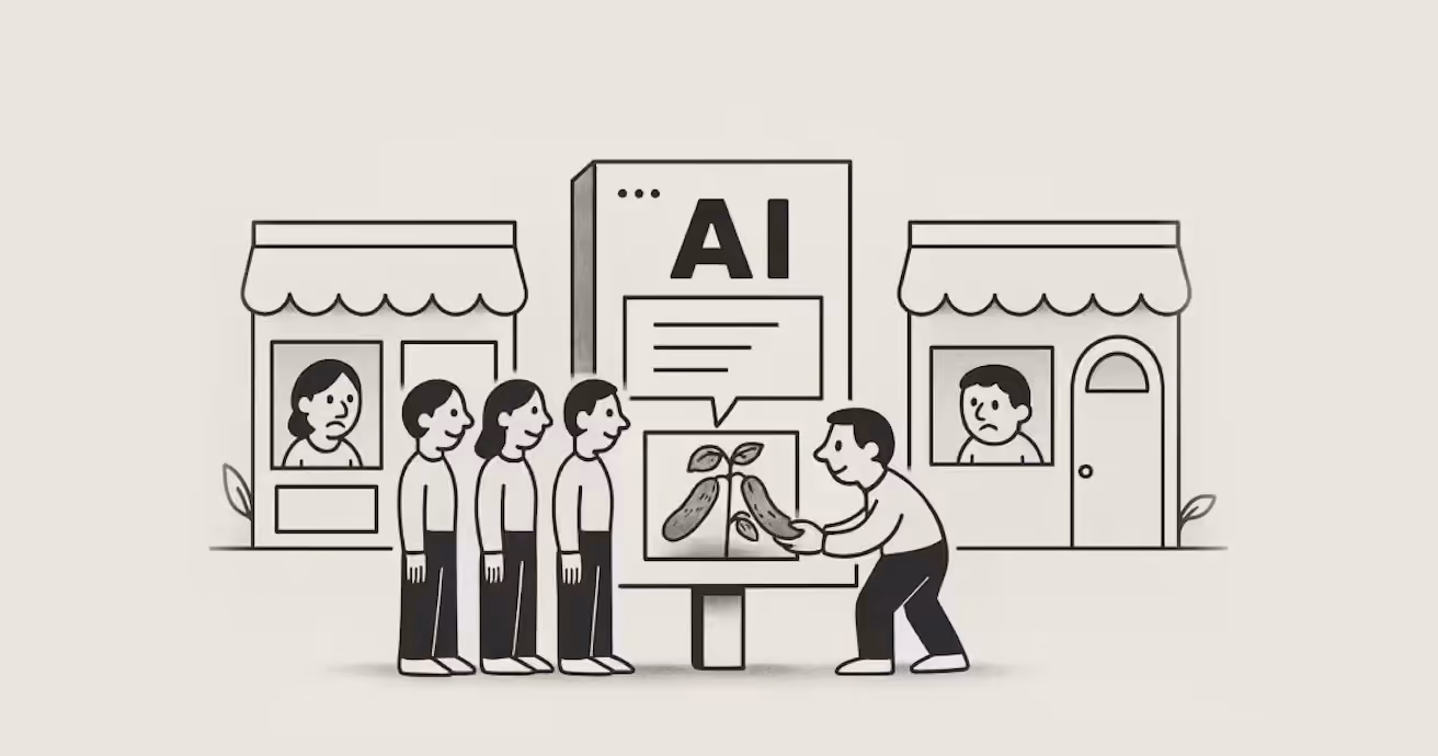 Line art illustration of customers queuing at an AI search display board while traditional shopkeepers look on.