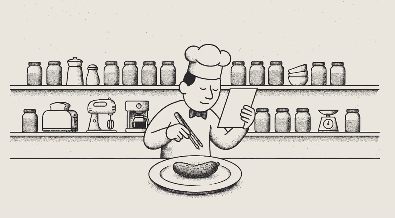 Line art illustration of a chef reading a paper while meticulously plating food with tweezers.