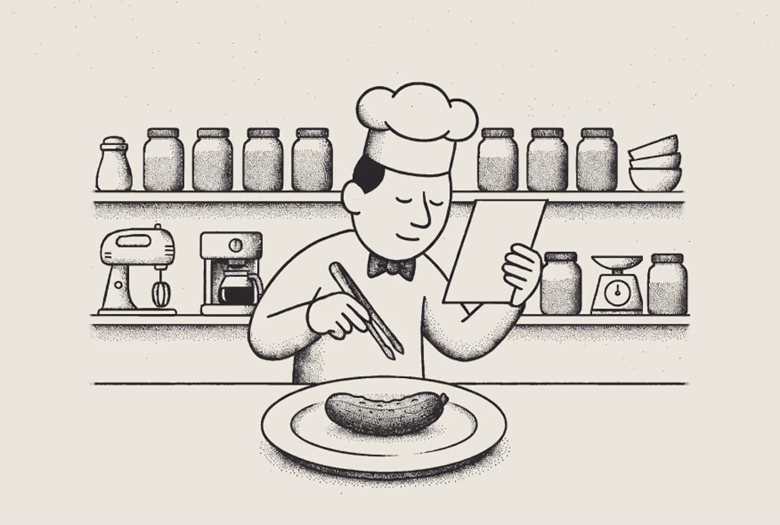 Line art illustration of a chef reading a paper while meticulously plating food with tweezers.