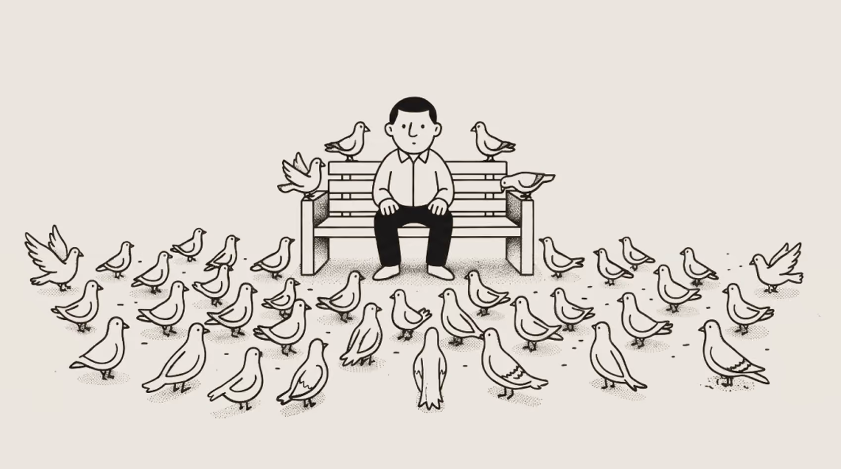 Line art illustration of a man sitting on a bench surrounded by a flock of pigeons.