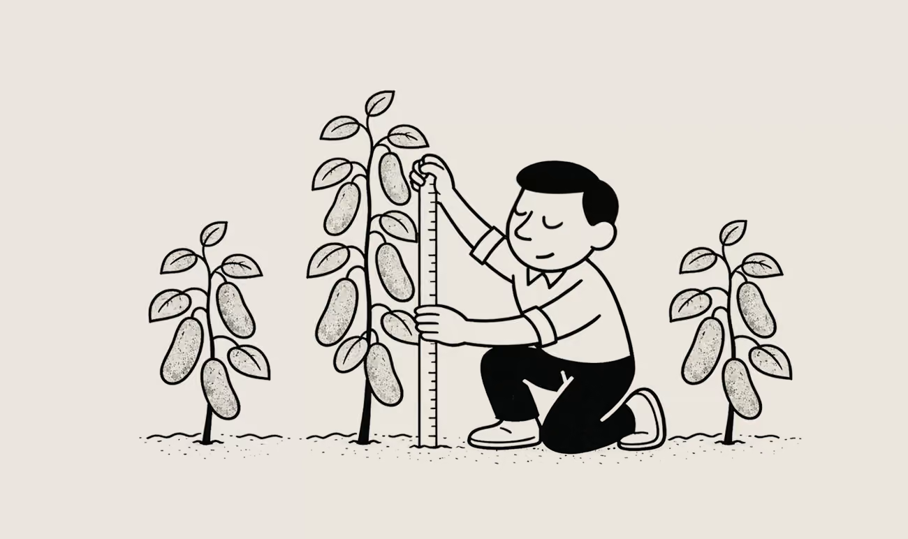Line art illustration of a person measuring a growing garden plant with a ruler.