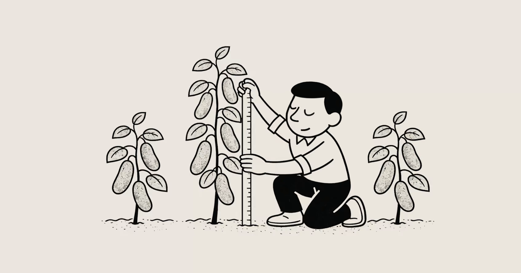 Line art illustration of a person measuring a growing garden plant with a ruler.