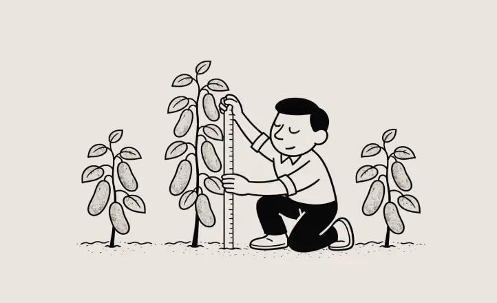 Line art illustration of a person measuring a growing garden plant with a ruler.