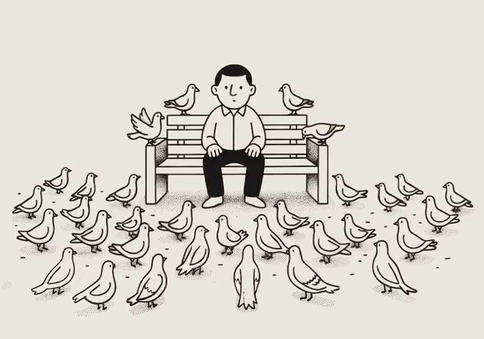 Line art illustration of a man sitting on a bench surrounded by a flock of pigeons.