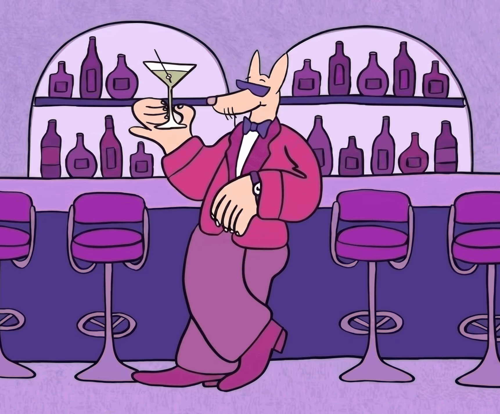 Cartoon illustration of a dog in a suit holding a martini at a purple cocktail bar.