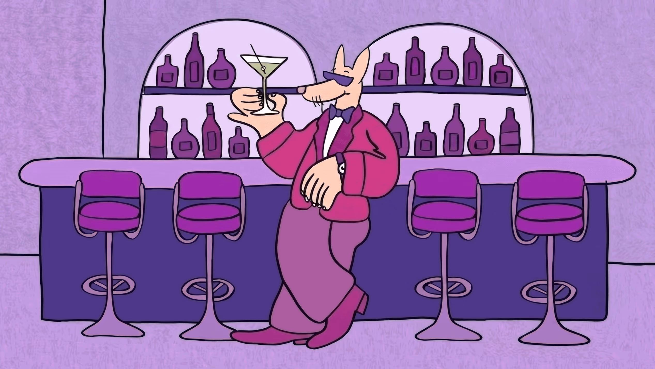 Cartoon illustration of a dog in a suit holding a martini at a purple cocktail bar.
