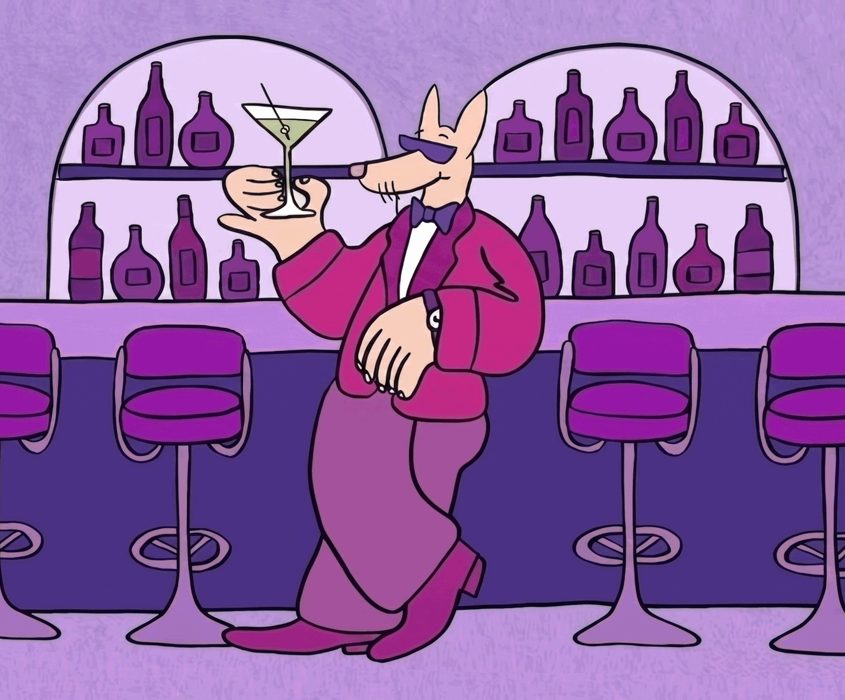 Cartoon illustration of a dog in a suit holding a martini at a purple cocktail bar.