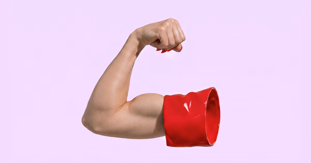 A flexed, muscular arm extending horizontally out of a glossy red cuff on a light purple background, showing red nail polish on the hand.