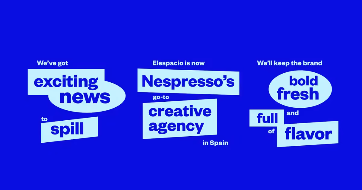 Blue graphic announcing that agency Elespacio is now Nespresso’s go-to creative agency in Spain.