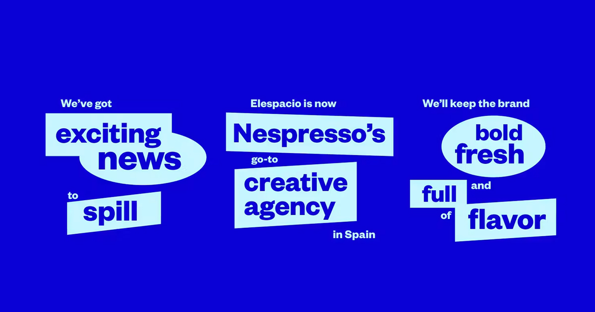 Blue graphic announcing that agency Elespacio is now Nespresso’s go-to creative agency in Spain.
