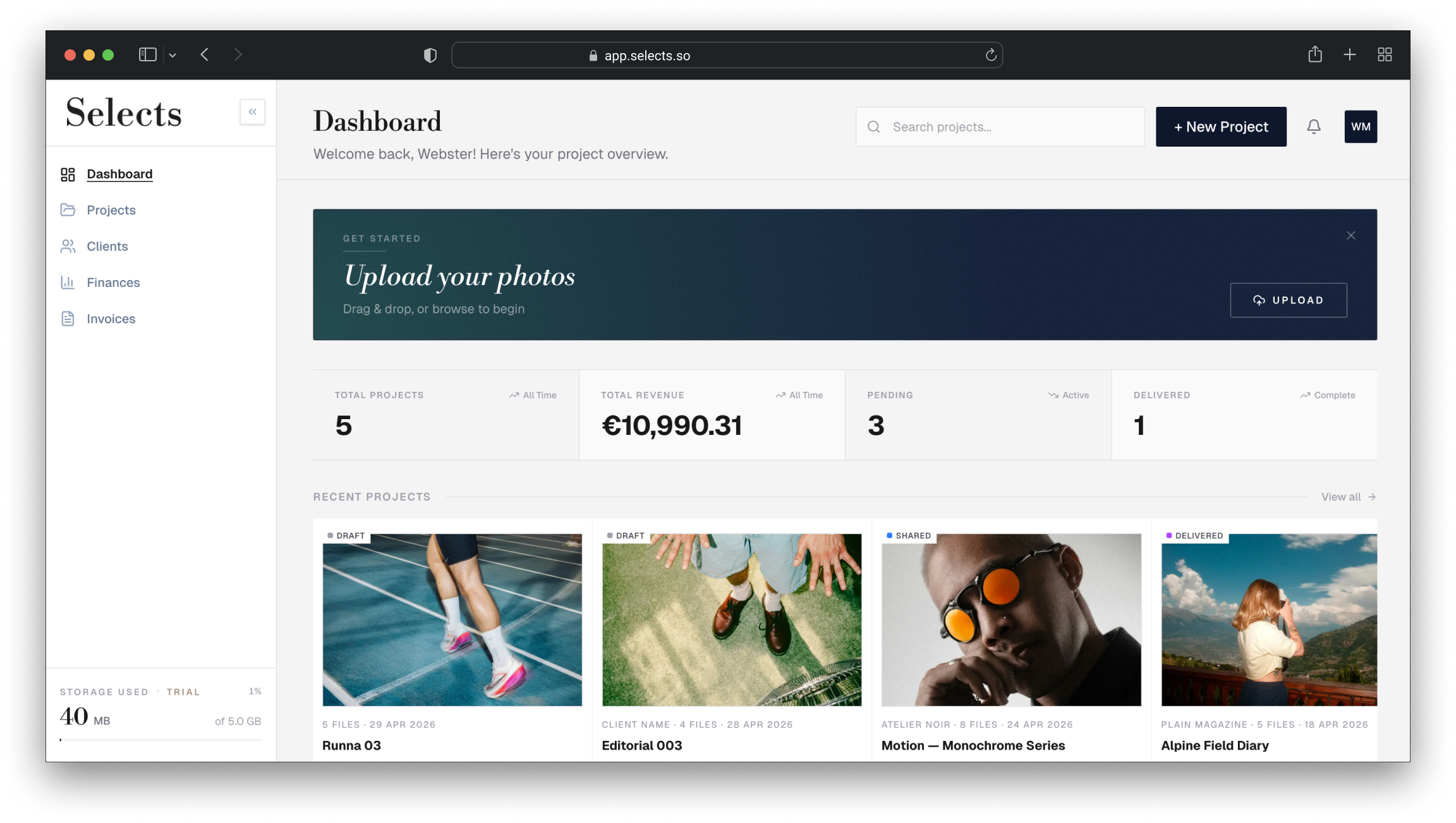 Selects photographer dashboard showing project overview, revenue tracking, and client delivery status