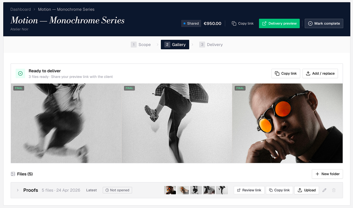 Selects project delivery page showing watermarked portrait photos with paid status and client file list ready for download