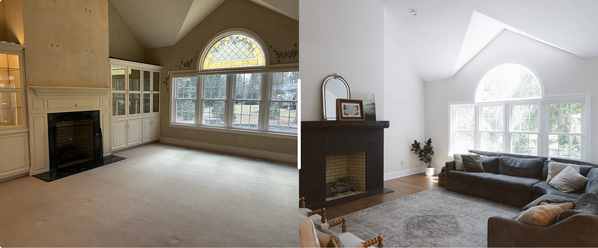 A living room filled with furniture and a fire place.