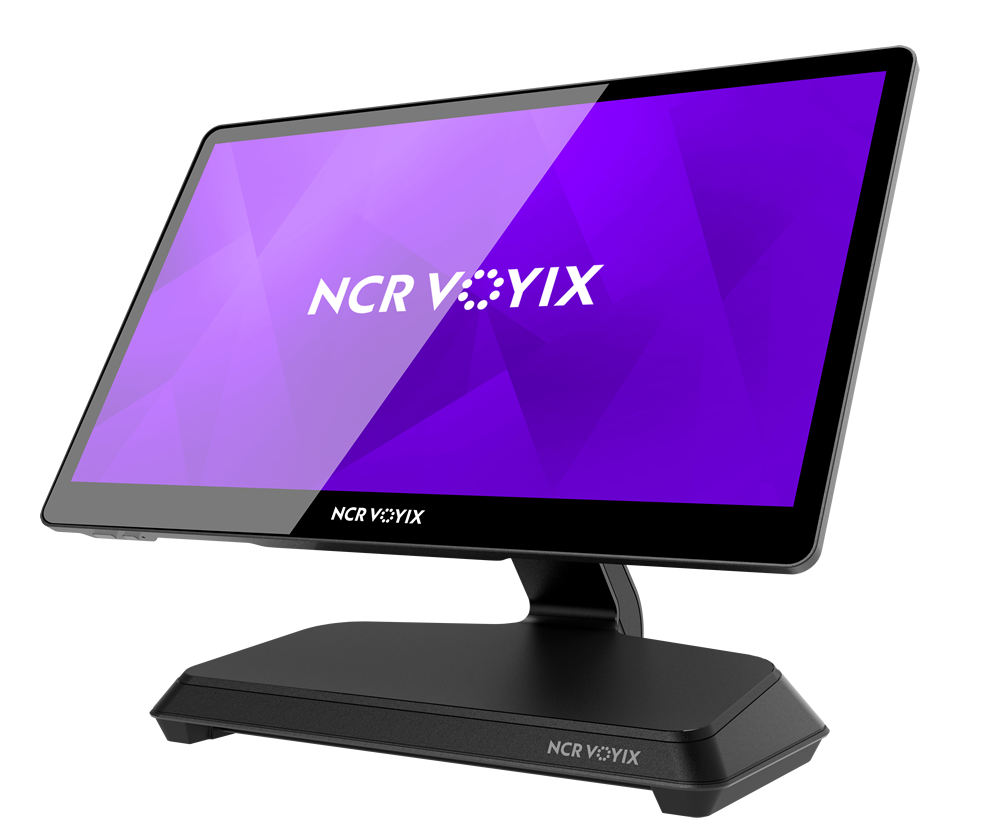 Black touchscreen POS terminal displaying NCR Voyix purple logo on screen and base.