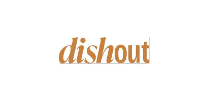 Dishout brand wordmark logo in a gradient orange serif font on white background.