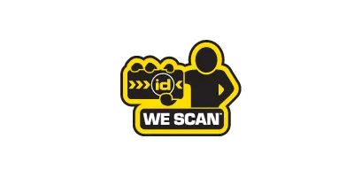 Black and yellow logo of a figure holding an ID card with text 'WE SCAN'.