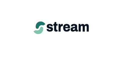Stream company logo with stylized S icon in teal and navy blue text on white background.