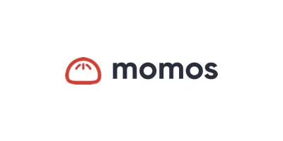 Logo with a stylized red steamed bun icon and the word 'momos' in black lowercase letters.
