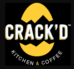 Logo with cracked yellow egg and bold text Crack'd Kitchen & Coffee on black background.