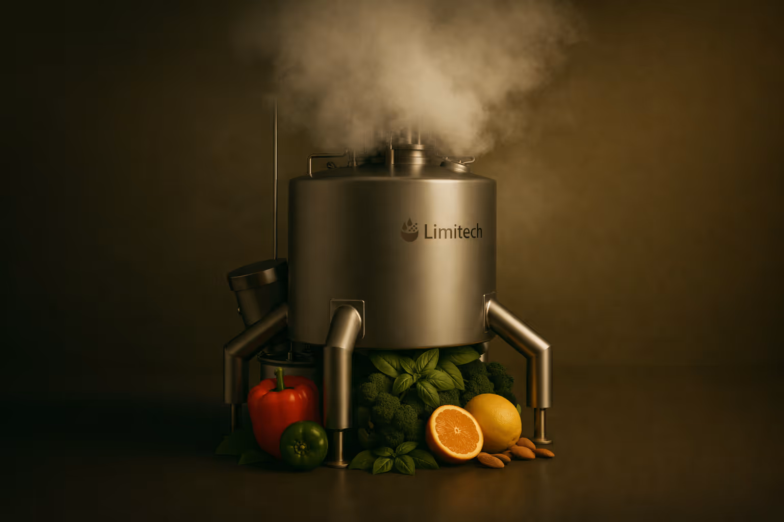 Steaming industrial stainless steel machine labeled 'Limitech' surrounded by fresh vegetables and fruits including bell peppers, broccoli, orange, lemon, and almonds.