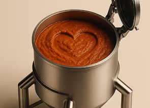 Metal container filled with tomato sauce shaped into a heart on top.