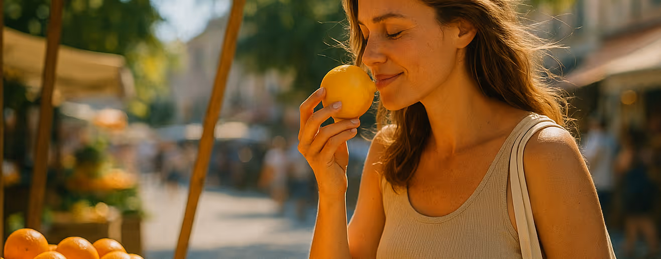 Woman smelling a fresh orange at an outdoor market stall on a sunny day.