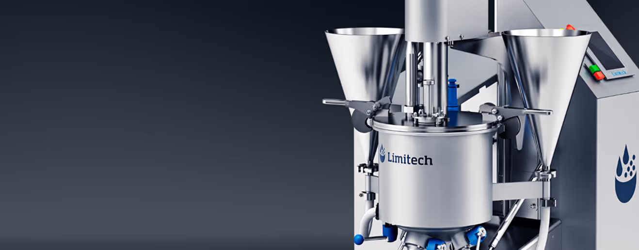 Industrial stainless steel machinery labeled Limitech with funnels and control panel on a dark background.
