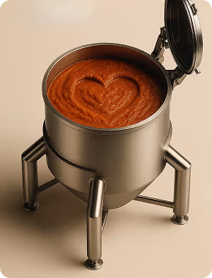 Metal container with open lid filled with a heart-shaped swirl of thick ketchup or sauce.