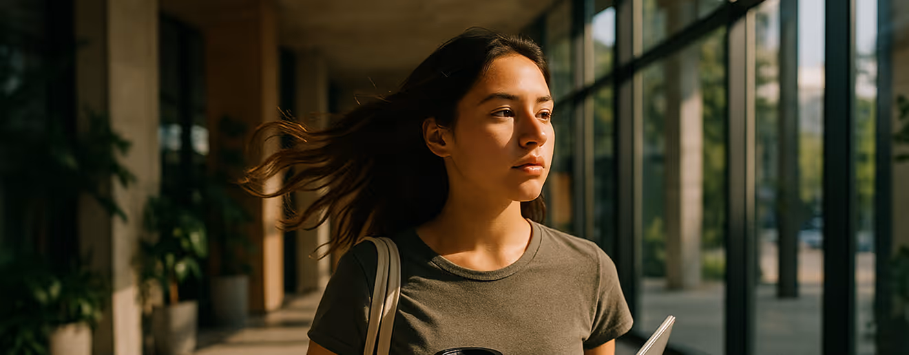 Young woman with flowing hair walking outdoors near glass windows holding a notebook and cup.
