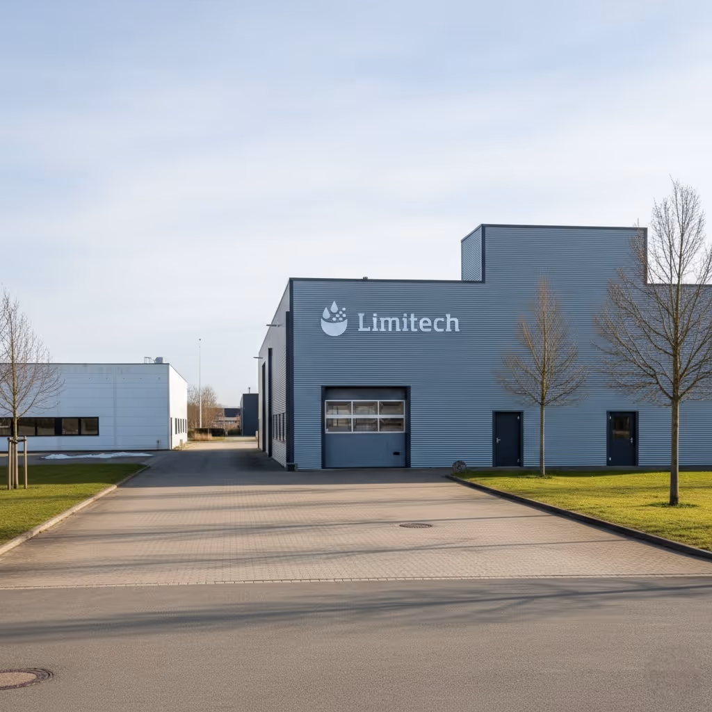 Exterior view of a modern industrial building with the Limitech logo on the gray facade and a clear sky above.