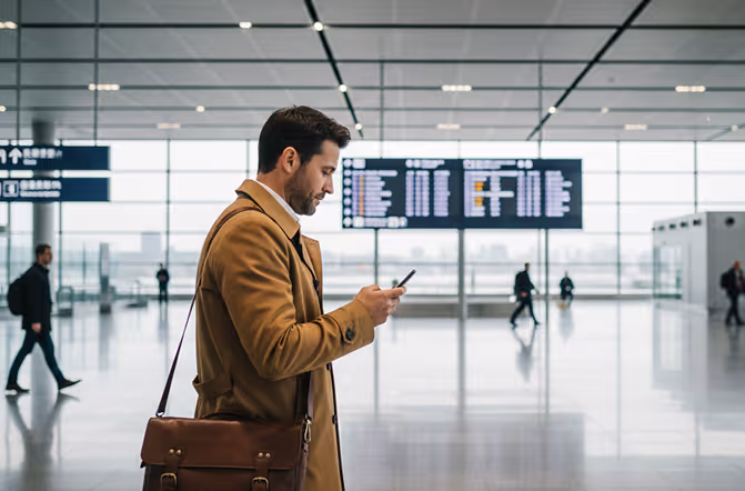 Man in a brown coat with a briefcase checks phone at a bright airport terminal with flight displays.