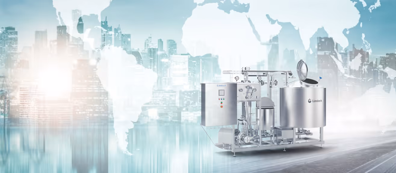 Industrial stainless steel Limitech machine against blurry cityscape and world map background.