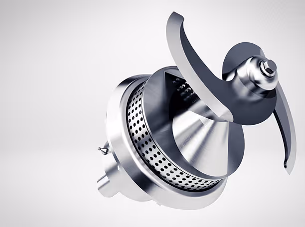 Close-up of a shiny metallic industrial blade or grinder component with curved blades and perforated section.