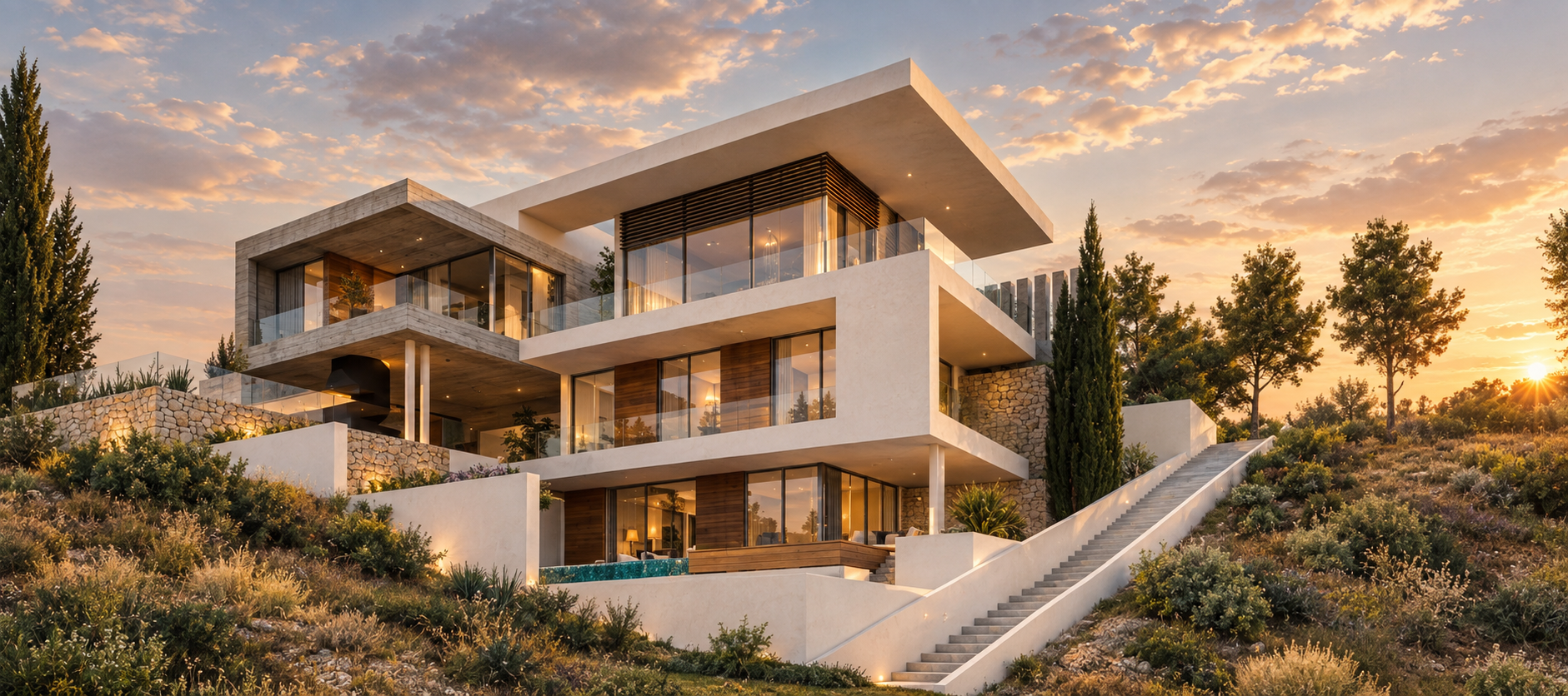 Polaris villa at sunset, three levels stepping down a hillside in Ayios Tychonas, Limassol
