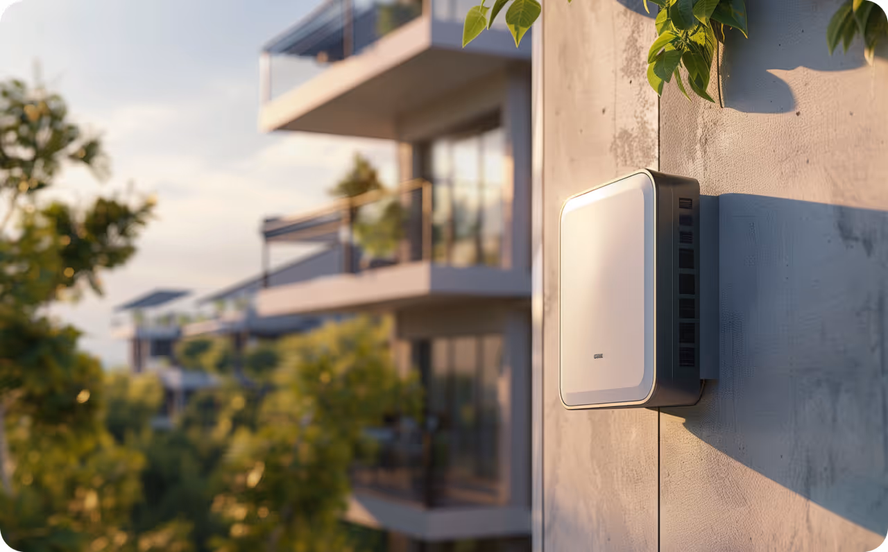Batteriespeicher an Hauswand von Mehrfamilienhaus / PV und Mieterstrom