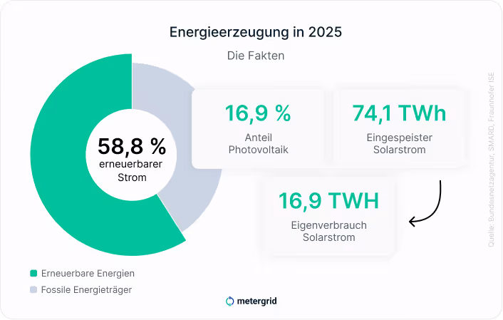 Grafik Diagramm Energieerzeugung in 2025: Die Fakten . 58,8% erneuerbarer Strom, 16,9% Anteil Photovoltaik