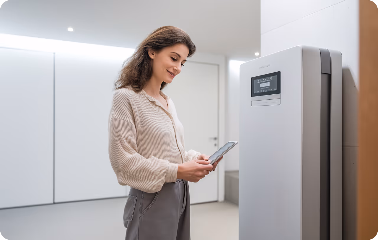 Zukunftssichere Energiewende (Symbolbild): Lächelnde Frau mit Smartpone neben smartem Stromspeicher