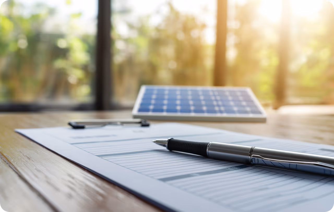 Mieterstrom und die Politik (Symbolbild): Dokument, Stift und PV-Anlage. Mieterstrom-Änderungen im Koalitionsvertrag erklärt - metergrid