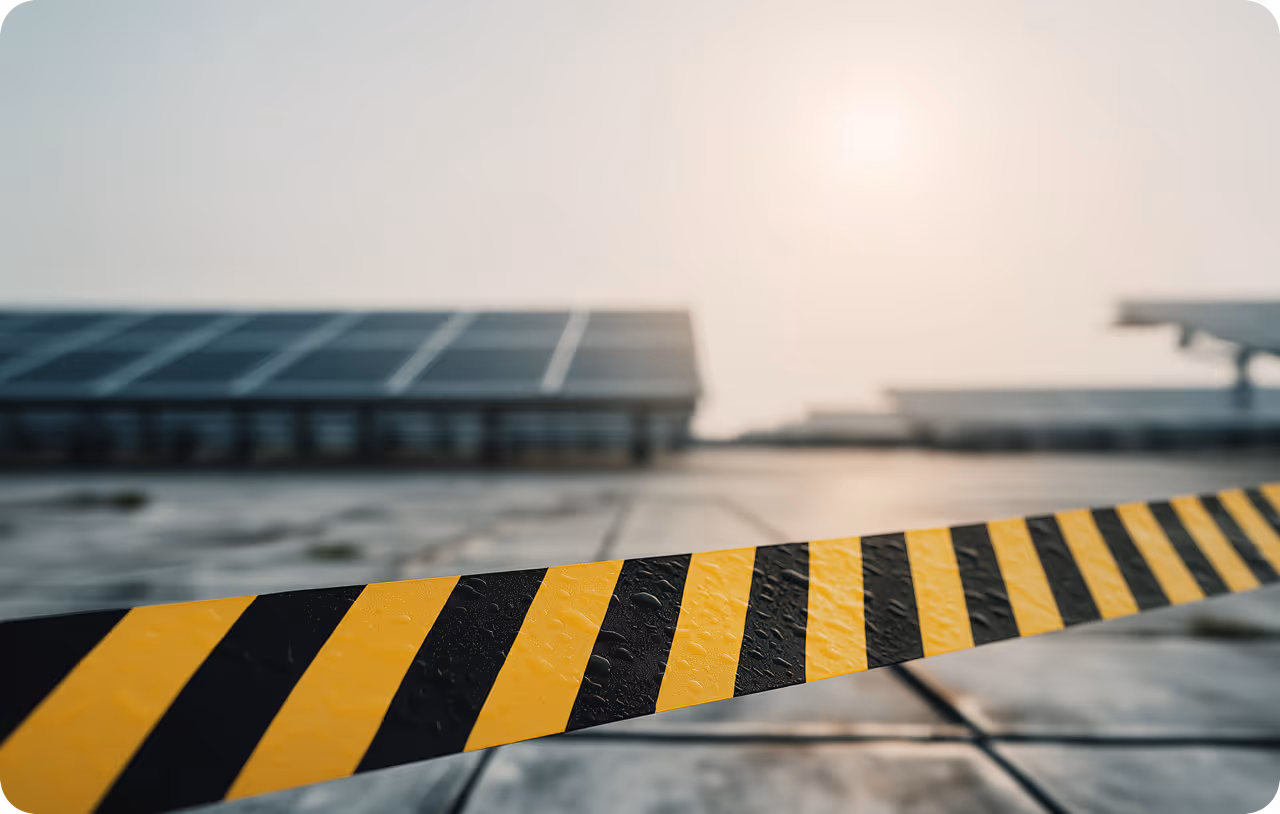 Symbolbild regulatorische Hürden Mieterstrom und Energiewende: Absperrband vor PV-Anlagen