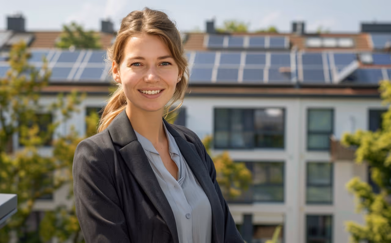 Immobilienwert steigern mit Mieterstrom für Wohnungsunternehmen - Frau in Businesskleidung vor Haus mit Solaranlage (Symbolbild)