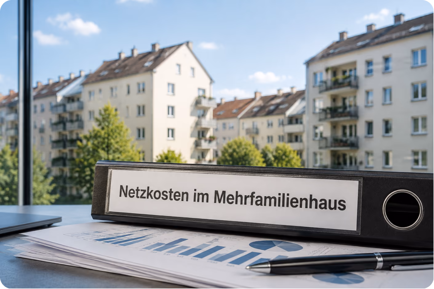 AgNes Netzgeltreform 2029. Symbolbild: Aktenordner mit AgNes Gesetz vor Mehrfamilienhäusern mit PV-Anlagen