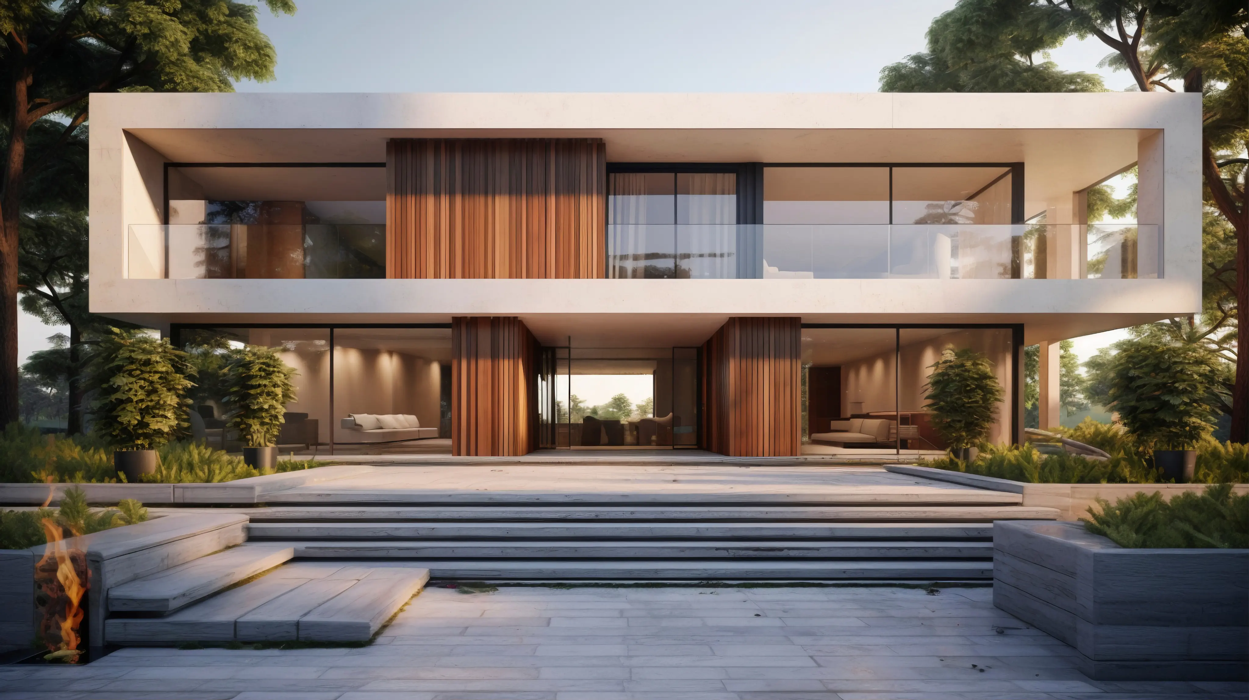 Contemporary two-story home exterior with wood cladding and integrated exterior lighting