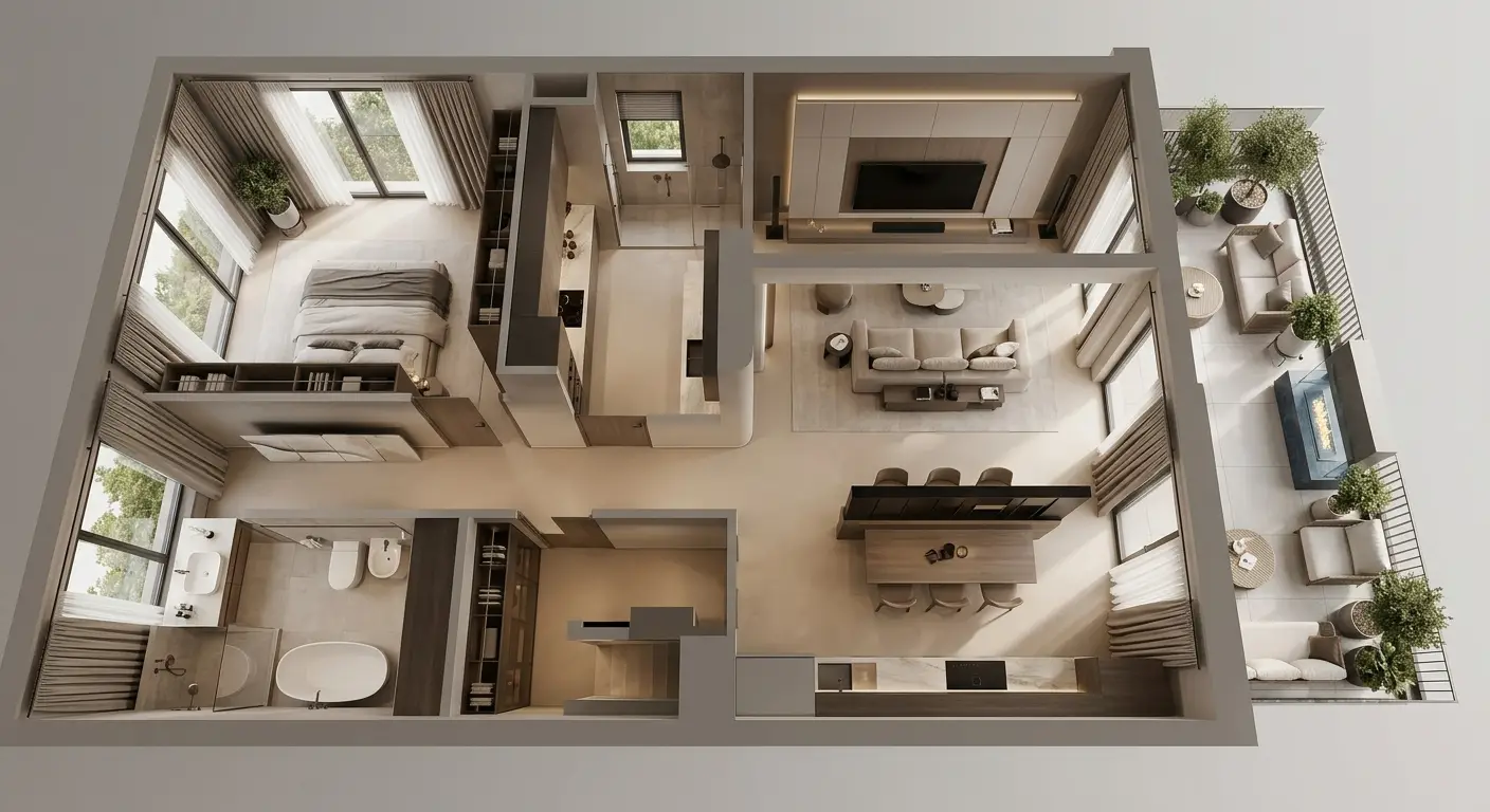 Cutaway floor plan of a home showing living, kitchen and bedroom spaces planned for technology integration
