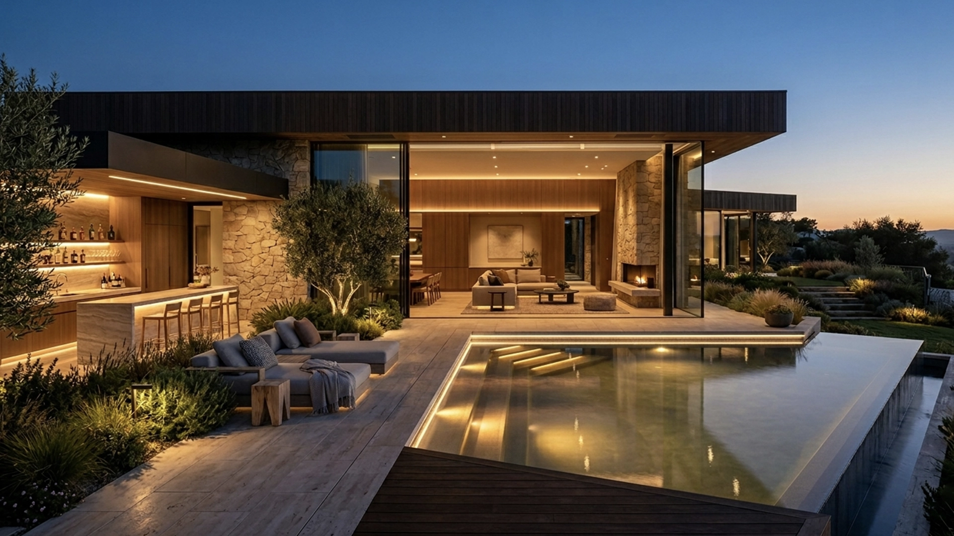 Modern luxury home at dusk with an open living area, terrace and pool lit by integrated lighting