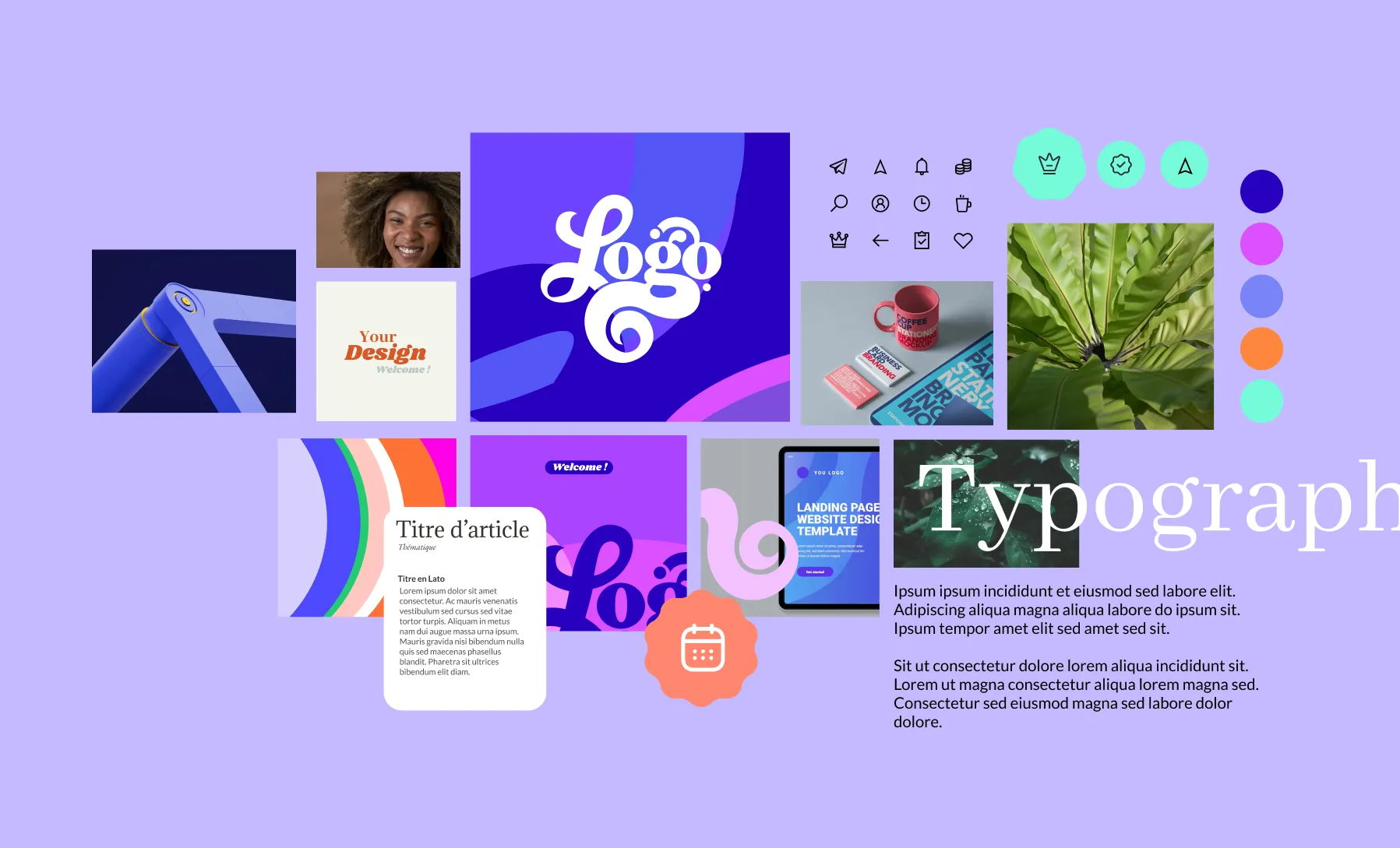 Une composition de bloc avec des éléments d'une identité visuelle, logo, typo, couleurs, images, le tout sur fond violet